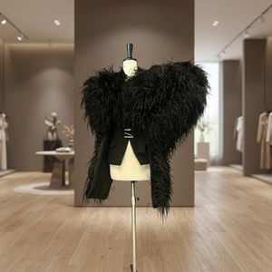 Nt153 Black Feather Sequined Appliques Bolero <b>Jacket</b> Dramatic Oversized Shoulder Cropped Evening Cape Formal Dress Runway Party - Product Image 3