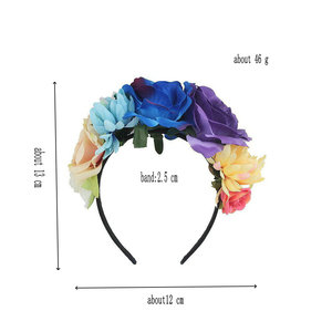Diadema mexicana simulada con corona de flores rosas Día de los muertos Tocado de Halloween <span class=keywords><strong>Estambre</strong></span> colorido Fiesta Aro para el cabello - Product Image 6