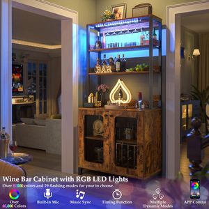 Armoire à vin haute SENYU avec éclairage LED et porte-verres, prises électriques intégrées, meuble bar à café pour salon - Product Image 2