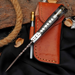 Cuchillo de Bolsillo de Acero al Carbono Forjado a Mano con Mango de Madera Vengi con Incrustaciones Verdes, Funda de Cuero, Acabado Pulido, Estilo Tradicional - Product Image 6