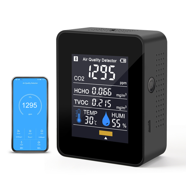 Smart 5 in 1 Air Quality Monitor Blue-tooth Connect APP Control LCD Digital TVOC HCHO Detector USB Charger CO2 Meter