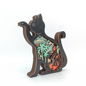 Uionen Hand Carved Wooden Cat Statue Animal <b>Craft</b> Decor Home Office Tabletop Decorative Desktop Ornament - Product Image 4