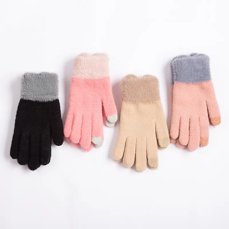 wholesale knit winter fur mink gloves faux fur touchscreen knit gloves for women