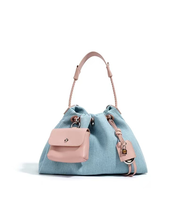 Sac seau vintage de luxe en jean avec cordon de serrage pour femme, sac à bandoulière en cuir pleine fleur pour dames, vente en gros