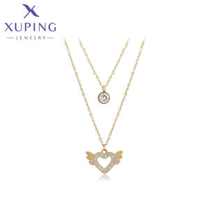 A00915134 Xuping joyería de moda elegante redondo circón corazón alas doble collar 14K color collar de acero inoxidable - Product Image 1