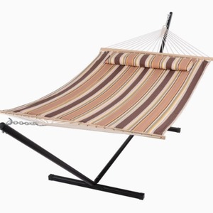 Hamaca <span class=keywords><strong>de</strong></span> algodón <span class=keywords><strong>de</strong></span> doble columpio con función antivuelco, marco <span class=keywords><strong>de</strong></span> hierro grueso, hamaca plegable para cama <span class=keywords><strong>de</strong></span> Metal para exteriores - Product Image 2