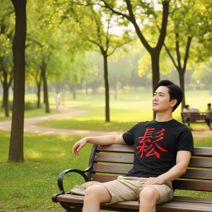 T-shirt con stampa simbolo cinese 'Relax' nero e rosso, unisex, girocollo, manica corta, serigrafia - Product Image 2