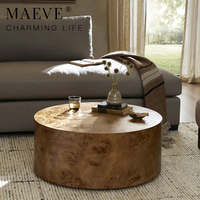 Table basse ronde en bois plaqué burl minimaliste de luxe pour la décoration du salon