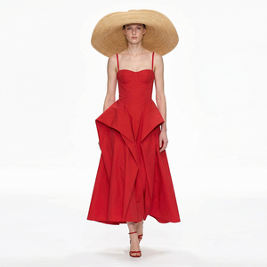 Nuevo Vestido Midi <span class=keywords><strong>de</strong></span> <span class=keywords><strong>Fiesta</strong></span> <span class=keywords><strong>para</strong></span> Mujer, Rojo, Sexy, con Tirantes Finos, Escote Corazón, Corsé, Volantes Asimétricos y Plisados, Personalizado - Product Image 3