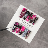 Ongles artificiels à presser faits main de haute qualité, style gothique punk sombre, avec chaîne métallique, pour manucure.