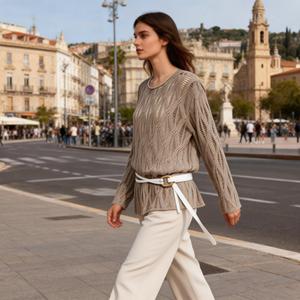 Top da <span class=keywords><strong>donna</strong></span> <span class=keywords><strong>beige</strong></span> lavorato a maglia traforato, casual, a maniche lunghe, girocollo, vestibilità ampia, per la primavera estate - Product Image 2