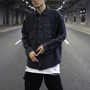 Marchio personalizzato OEM nuovo modello di moda <span class=keywords><strong>camicia</strong></span> in <span class=keywords><strong>Denim</strong></span> da uomo con collo al mandarino tessuto in saia modello 3D per la primavera - Product Image 3