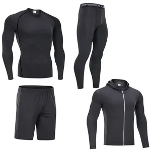 Lanyu Men's Quick Dry Gym Fitness Set 4 Piece Active Athletic Running Clothing Compression Leggings Jogging Shorts Long Adults
