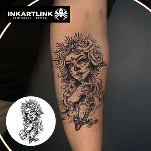 INKARTLINK Pegatina de tatuaje para el cuerpo, diseño de calavera de azúcar y rosa, impermeable, ecológica, de larga duración (15 días), a granel - Product Image 2
