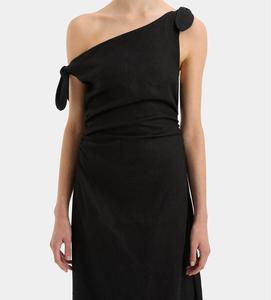 Vestido de lino favorito del cliente Vestidos de lino casuales de lino con cuello oblicuo de manga negra - Product Image 4