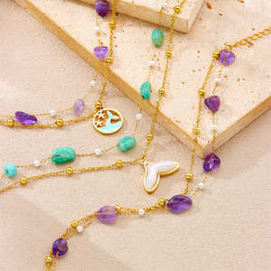 Ocean Whale Tail Double Layer Anklet Gold Stainless Steel Natural Purple Crystal Pearl Bead Starfish Gold Plated Jewelry Anklets - Product Image 3