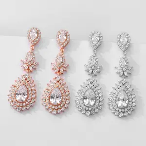 ROMANTIC Wedding Bridal Fashion Designer Jewelry Luxury Zircon Silver Plated Statement Drop Earrings