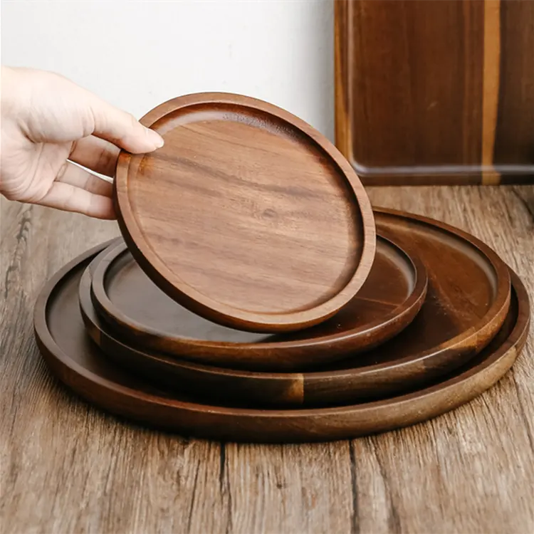 Vajilla de madera para restaurante de estilo japonés de alta calidad, plato simple y redondo de madera sólida para comida con dedos