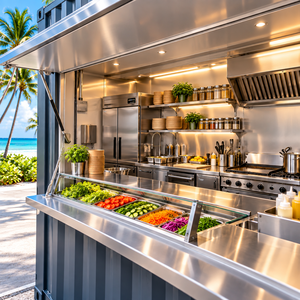 Restaurant en conteneur maritime modifié gris avec fenêtres de cuisine ouvertes pour kiosque alimentaire - Product Image 6