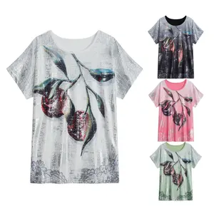 사용자 정의 여름 티 열 전달 인쇄 라인 석 자수 하이 퀄리티 니트 그래픽 여성 티셔츠 짧은 소매
