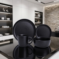 Service de table 16 pièces en grès céramique noir mat de qualité supérieure, style minimaliste, assiettes, bols, tasses, compatible lave-vaisselle et four