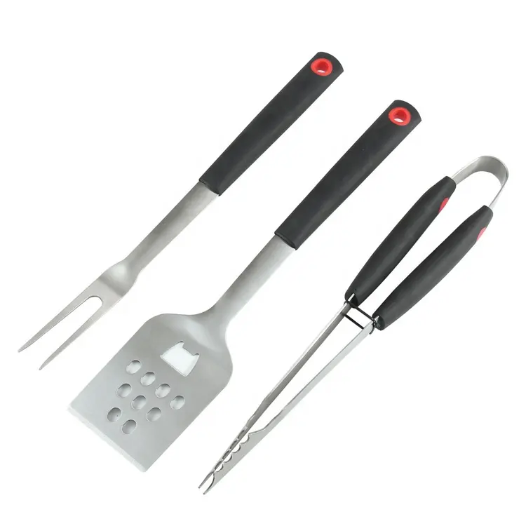 Set di strumenti per barbecue in acciaio inossidabile 3 pezzi con impugnatura morbida per cucina all'aperto