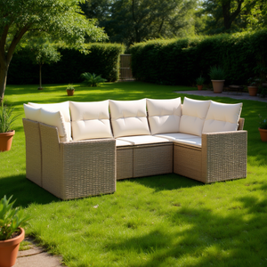 Adjustable Beige Pe <b>Rattan</b> Garden <b>Sofa</b> Set 6 Seater Outdoor Furniture Contemporary Style Wicker Frame - Product Image 2