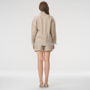 Conjunto de Lino Personalizado OEM para Mujer, Pantalones Rectos de Negocios, Top Corto de Lino con Cuello Cuadrado, Conjunto de Dos Piezas - Product Image 3