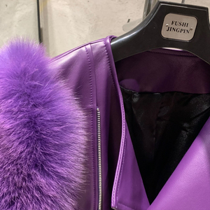 <strong>Women</strong> Genuine Sheep Leather Cropped Biker Jacket Natural Fox Fur Shoulder Decor Diagonal Zipper Belted Moto Outerwear - Product Image 5