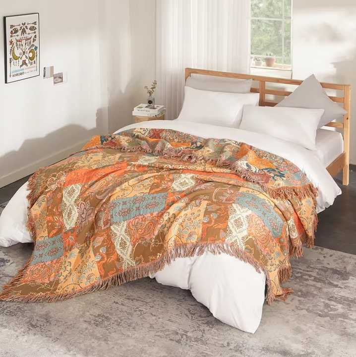Autumn bohemian floral plaid organic cotton bedding king muslin quilt