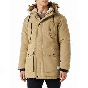 Chaqueta de Invierno para Hombre con Capucha y Forro de Piel, Estilo Lona Gruesa, Abrigo Largo Informal, Cierre de Cremallera Resistente al Viento, Color Sólido - Product Image 1