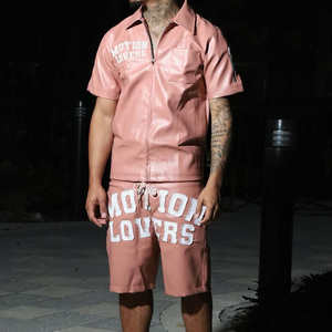 Oyalamak erkek deri şort takımı Zip up yaka kısa kollu T-shirt ve şort 2 adet deri eşofman takımı - Product Image 1