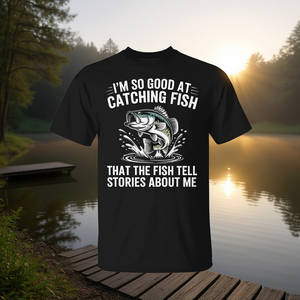 T-shirt da pescatore per la pesca al pesce basso stampata con la scritta 'I'm So Good At Catching Fish That The Fish Tell Stories About Me' Modello A10963 - Product Image 2