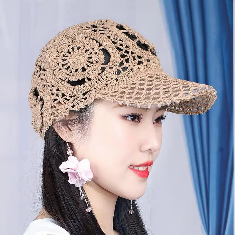 Moda algodón ganchillo Floral verano sol sombreros hecho a mano punto ganchillo gorra de béisbol gorra