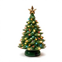 Best Choice 15 Zoll Keramik-Weihnachtsbaum, vorbeleuchtet, handbemalt, Tisch-Weihnachtsbaum, 2-Sterne-Spitzen, 64 Lichter, beflockt