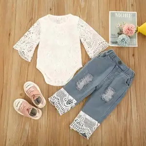 Summer Cotton Half Sleeve Lace White Pullover Jumpsuit Jeans Set For Baby Girls