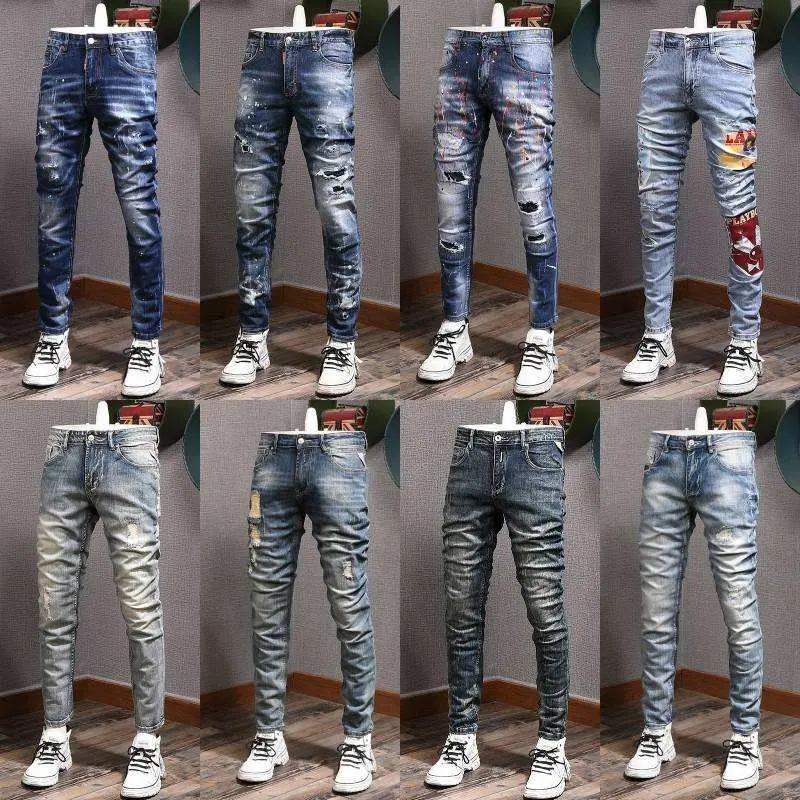 Púrpura moda Streetwear pintura impresa púrpura Jeans hombres diseñador ropa Hip Hop pantalones diseño marca estilo hombres Jeans