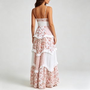 Robe longue rose florale personnalisée à bretelles spaghetti, à volants superposés, élégante, pour l'été, pour <span class=keywords><strong>femme</strong></span>, idéale pour demoiselle d'honneur, tenue de soirée, style afghan - Product Image 3