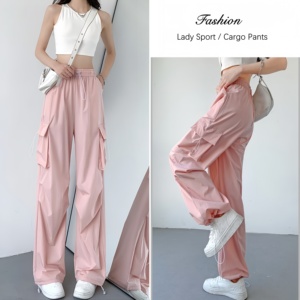 New <strong>Women</strong> <strong>Sport</strong> Pants High Waist Pockets Drawstring Loose <strong>Trousers</strong> Lady Solid Smooth Ice Silk Pants - Product Image 3