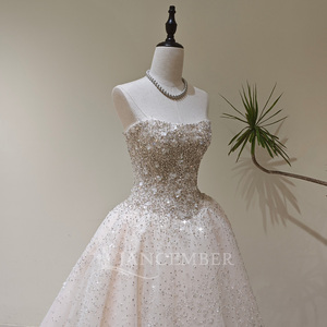 LY131 Luxury Modern Boat Neck Crystal Appliques Long Lace <b>Ball</b> <b>Gown</b> Wedding Dress - Product Image 3