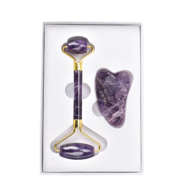 Set alat pijat kulit wajah, rol giok tipe amethyst ungu alami desain mewah dan alat gua sha