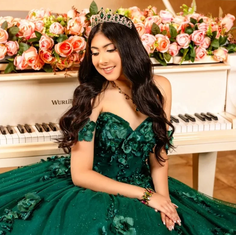Emerald Green Glitter Quinceanera Dress - 3D Flower Applique Ball Gown for  Teenage Girls, Perfect for Party Celebrations