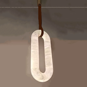 Lampada da <span class=keywords><strong>soffitto</strong></span> rotonda in marmo con anello in pelle marrone e lampada da <span class=keywords><strong>terra</strong></span> in tessuto con piastra ovale in travertino - Product Image 3