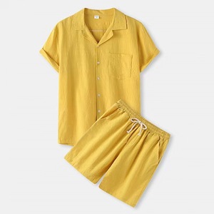 Setelan pakaian kasual leher V pria, kerah V berkancing lengan pendek celana pendek Linen berongga Set dua potong kain Linen laki-laki bercetak - Product Image 3