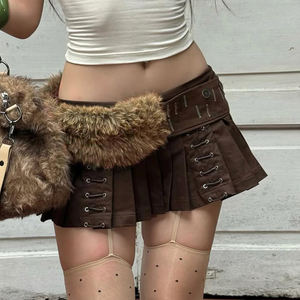 Women Faux Fur Waist Pleated <b>Mini</b> <b>Skirt</b> Eyelet Lace Up Design Low Waist Street Style Slim Fit Fashion Short <b>Skirt</b> - Product Image 4