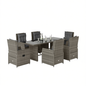 Dining Set Garden <b>Grey</b> PE Rattan 6 Seater Powder Coated Steel <b>Frame</b> Tempered Glass Top Contemporary Outdoor Furniture - Product Image 1