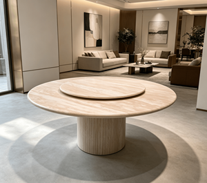 โต๊ะอาหารทรงกลมหินอ่อนสีเบจพร้อมถาดหมุนแบบ Lazy Susan เฟอร์นิเจอร์รับประทานอาหารสไตล์โมเดิร์นสำหรับบ้านและวิลล่า - Product Image 5