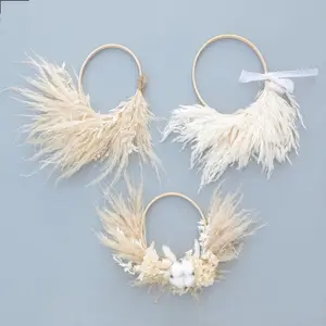 Wreath Making Supplies Rustic Boho Wall Wreath Cotton Pampas Lemon Round Dried Flower Wreath For Wall Decor Wedding