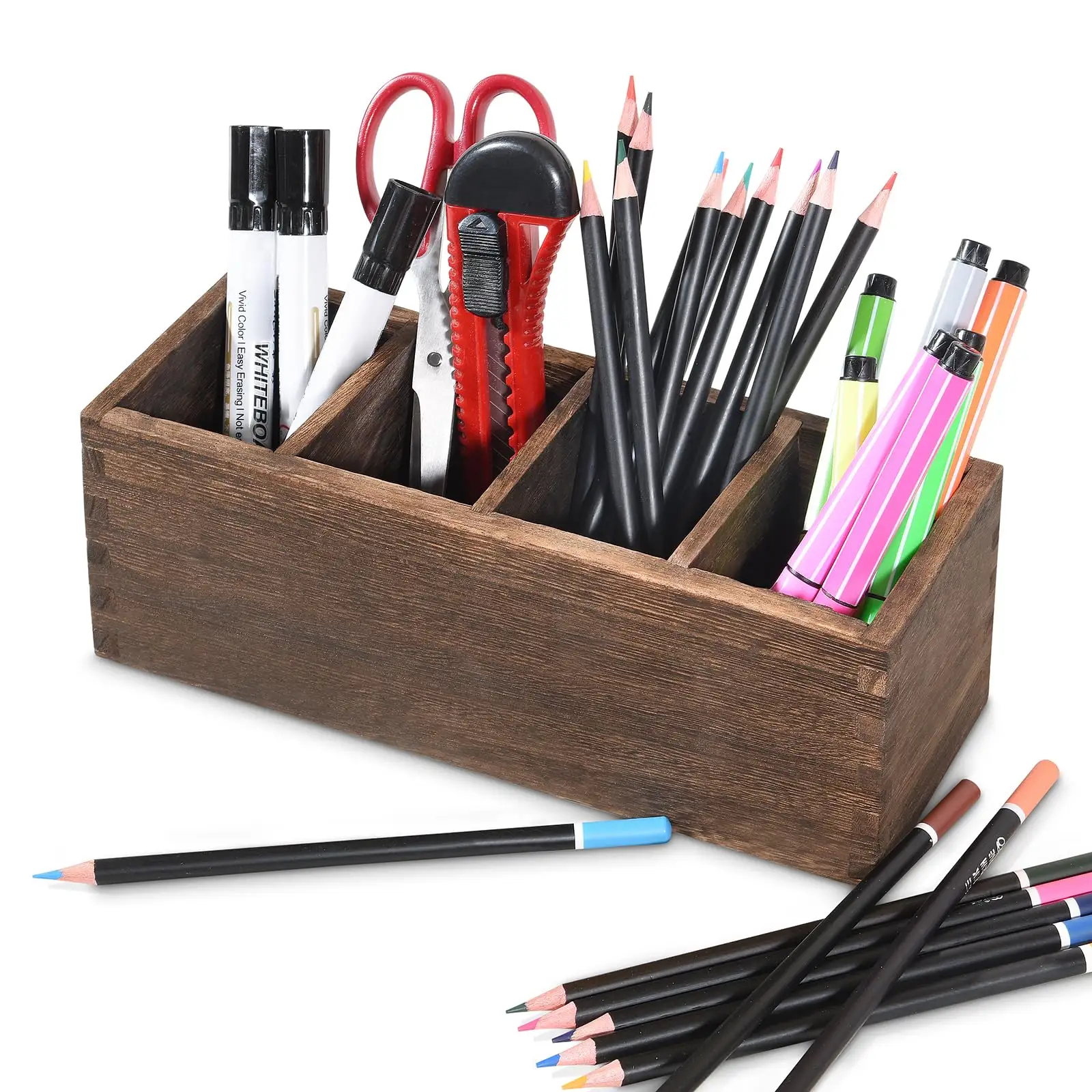 Multi Functionele Bureau Organizer Houten Custom Grenen Houten Pen Pennenbak Met 4 Compartiment