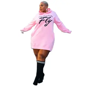 Robe T-shirt décontractée pour femmes, tenue à manches longues, couleur unie, Logo imprimé, sweat à capuche, grande taille, 2020